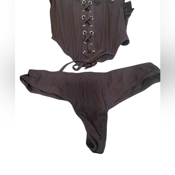 Dream Girl Knit Sleepwear Bustier Thong Shrug Set charcoal size medium - Picture 7 of 9